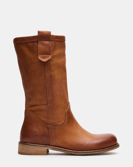 RUBEN Cognac Leather Rounded Toe Women's Boot | Steve Madden Top Pick