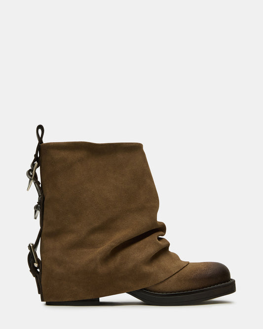 BENJI Taupe Suede Cuffed Fold-Over Moto Buckle Women's Ankle Boot | Steve Madden Exclusive