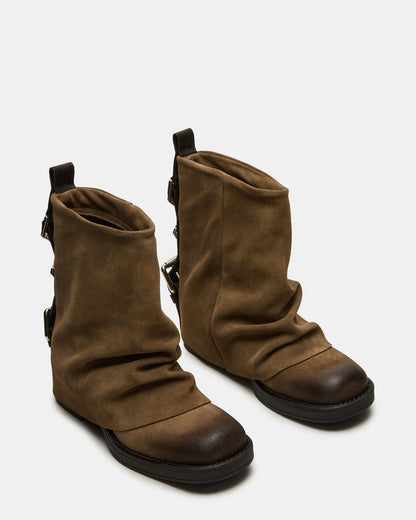 BENJI Taupe Suede Cuffed Fold-Over Moto Buckle Women's Ankle Boot | Steve Madden Exclusive