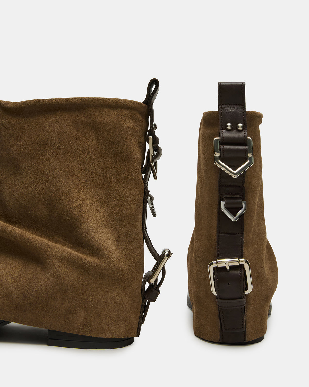 BENJI Taupe Suede Cuffed Fold-Over Moto Buckle Women's Ankle Boot | Steve Madden Exclusive