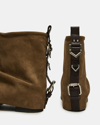 BENJI Taupe Suede Cuffed Fold-Over Moto Buckle Women's Ankle Boot | Steve Madden Exclusive