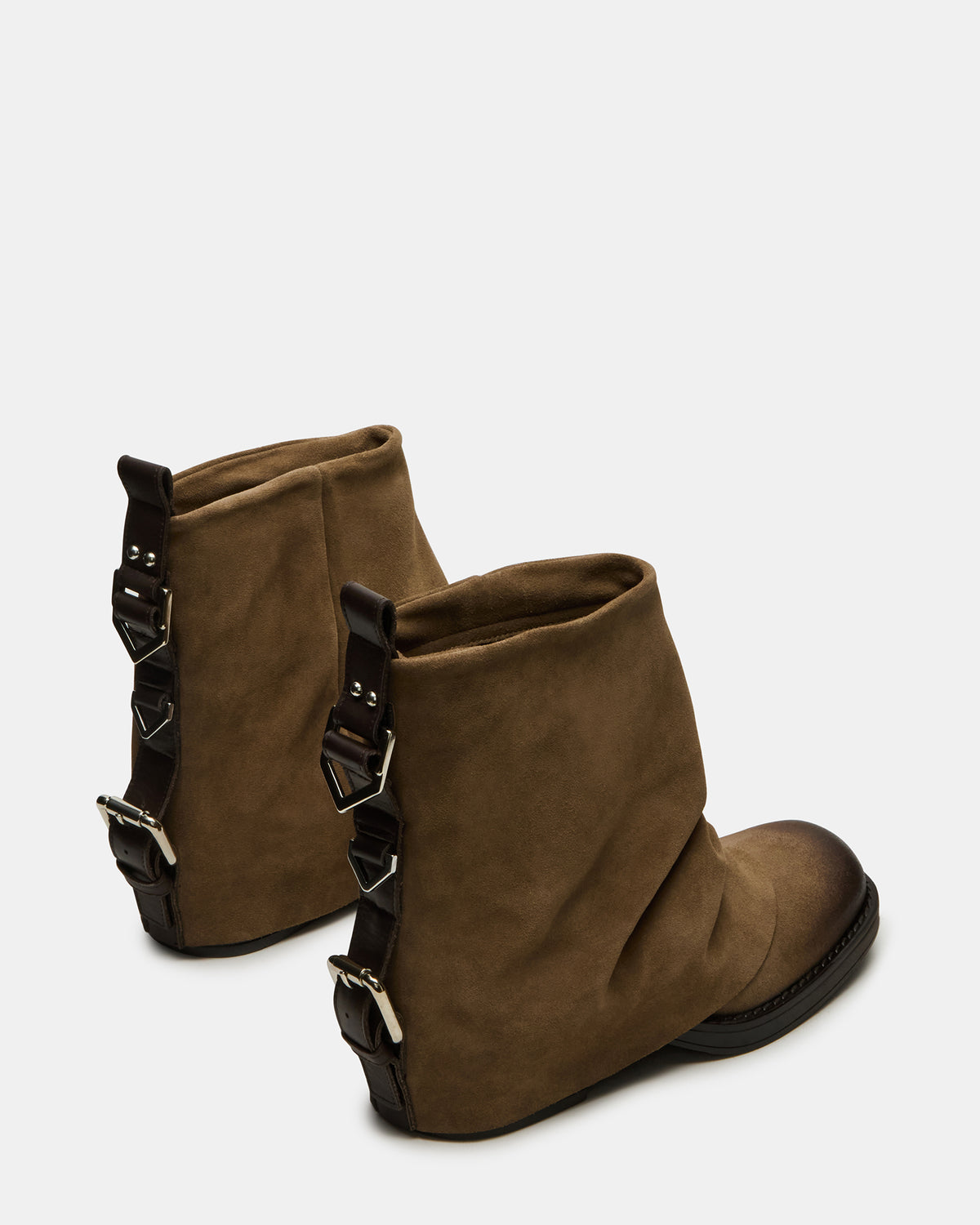 BENJI Taupe Suede Cuffed Fold-Over Moto Buckle Women's Ankle Boot | Steve Madden Exclusive