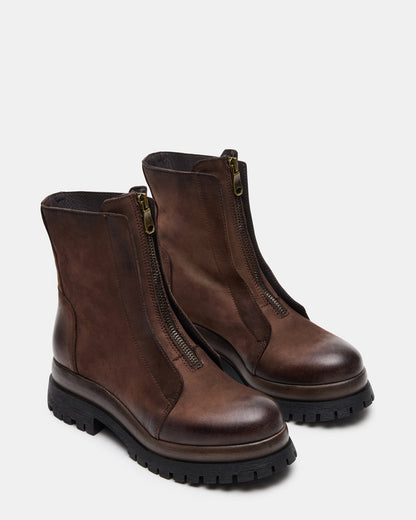 MILTON Brown Leather Moto Women's Ankle Boot | Steve Madden Discount