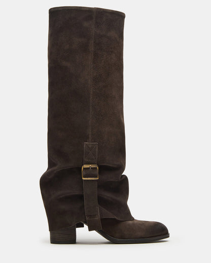 BOZEMAN Dark Taupe Suede Knee-High Fold-Over Cuffed Women's Boot | Steve Madden Customer Favorite