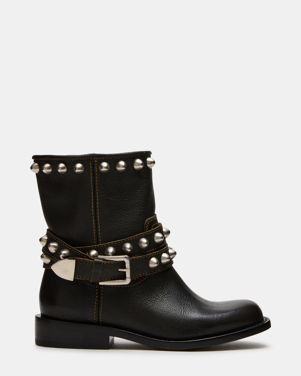 ORBIT Black Distressed Gold Detail Moto Women's Ankle Boot | Steve Madden Exclusive