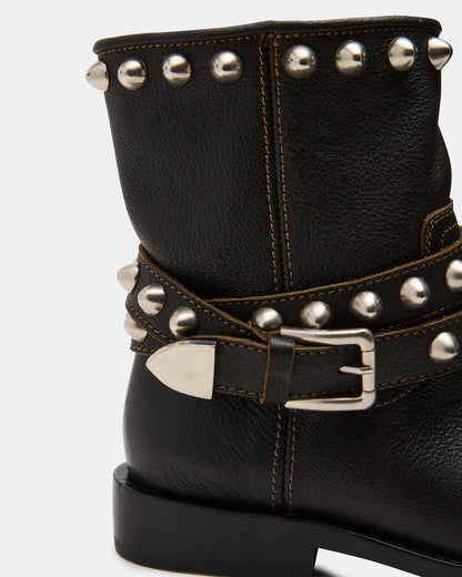 ORBIT Black Distressed Gold Detail Moto Women's Ankle Boot | Steve Madden Exclusive