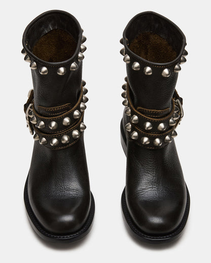ORBIT Black Distressed Gold Detail Moto Women's Ankle Boot | Steve Madden Exclusive