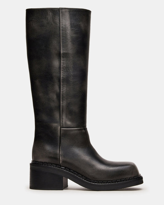 DAVOS Black Distressed Square-Toe Knee High Block Heel Women's Boot | Steve Madden Trending