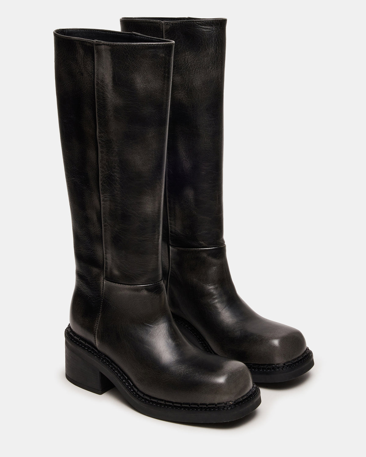 DAVOS Black Distressed Square-Toe Knee High Block Heel Women's Boot | Steve Madden Trending