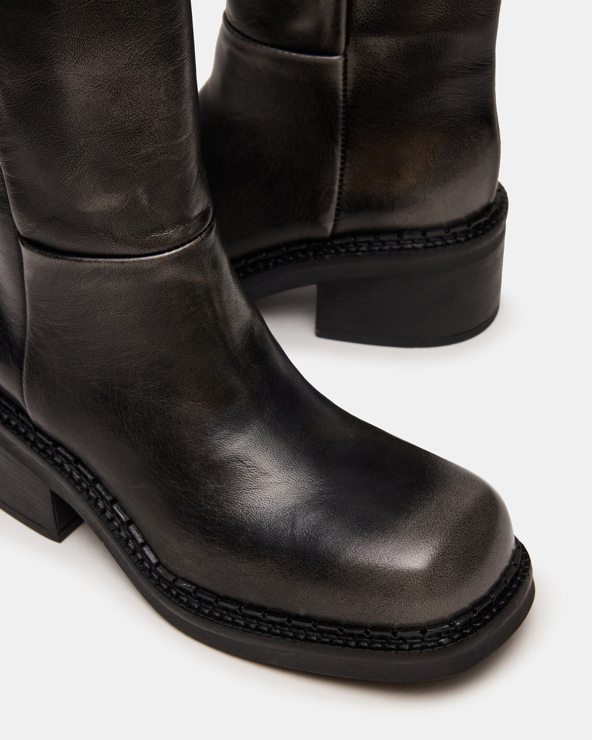 DAVOS Black Distressed Square-Toe Knee High Block Heel Women's Boot | Steve Madden Trending
