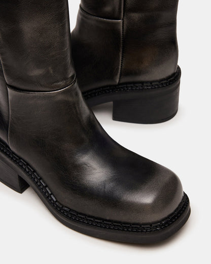 DAVOS Black Distressed Square-Toe Knee High Block Heel Women's Boot | Steve Madden Trending