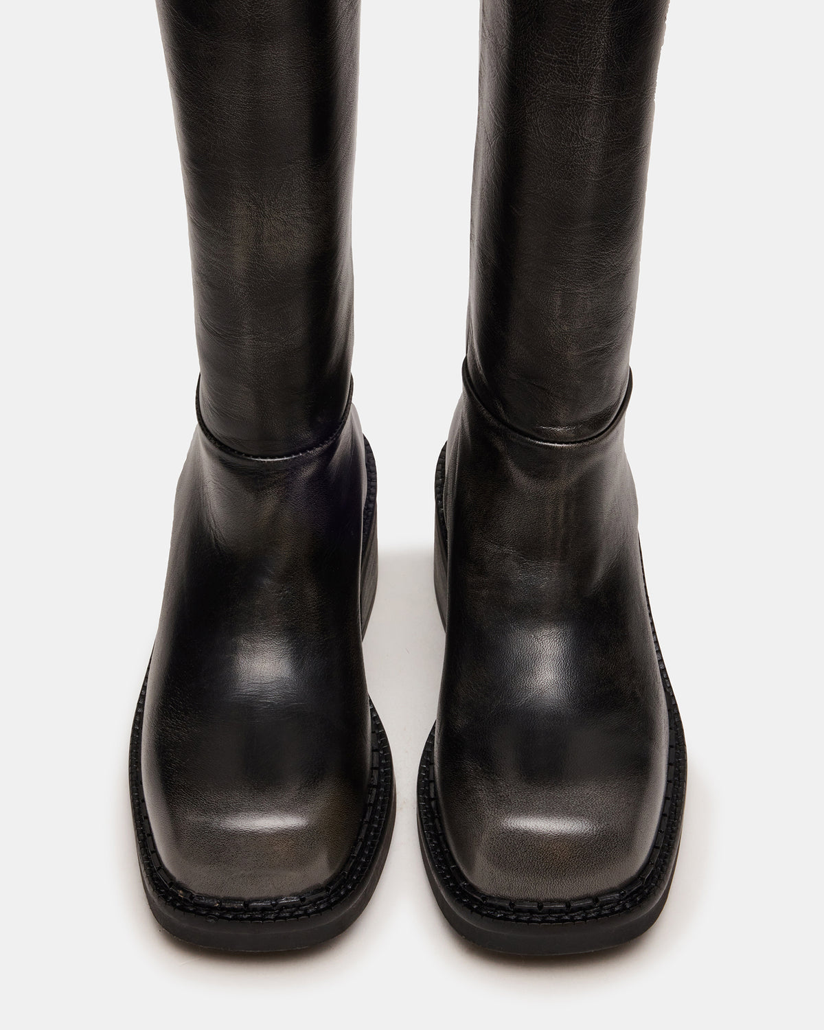 DAVOS Black Distressed Square-Toe Knee High Block Heel Women's Boot | Steve Madden Trending