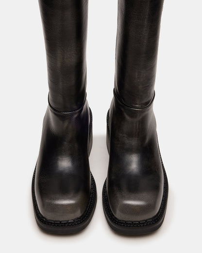 DAVOS Black Distressed Square-Toe Knee High Block Heel Women's Boot | Steve Madden Trending