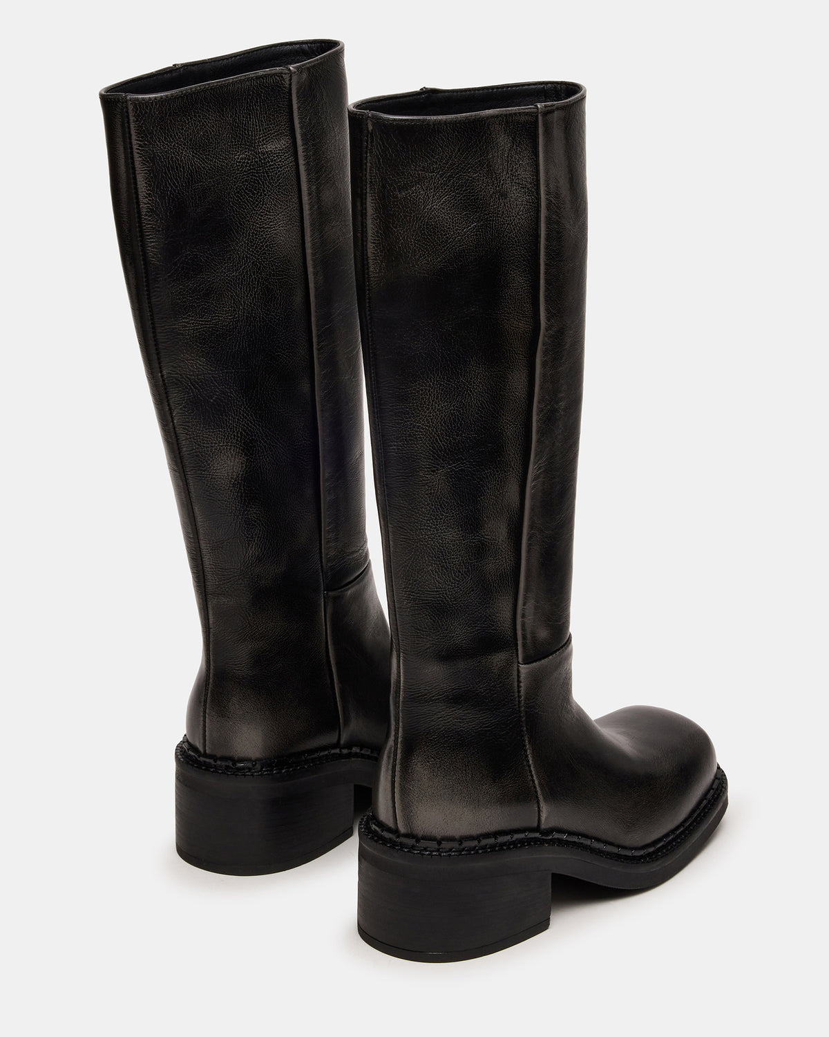 DAVOS Black Distressed Square-Toe Knee High Block Heel Women's Boot | Steve Madden Trending