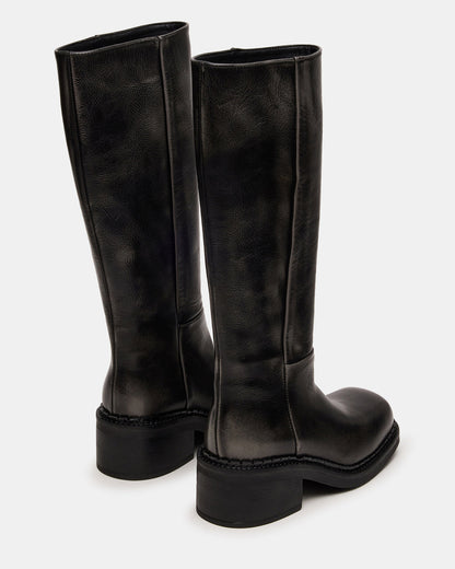 DAVOS Black Distressed Square-Toe Knee High Block Heel Women's Boot | Steve Madden Trending
