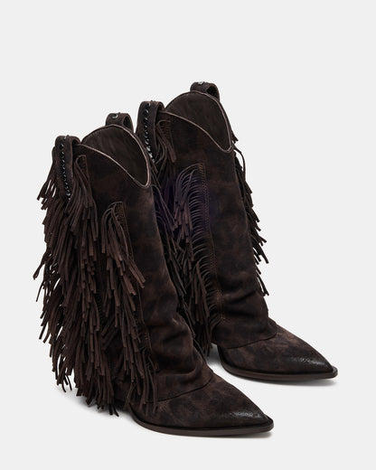 LANDMARK Brown Leopard Cuffed Fringe Western Women's Ankle Boot | Steve Madden Recommended