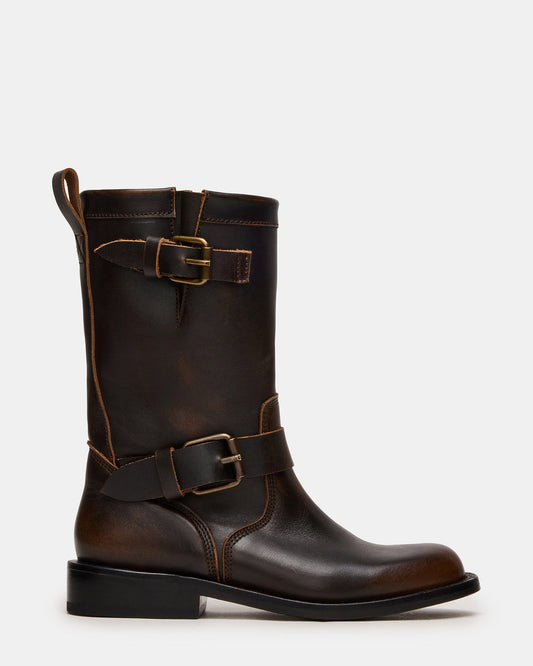 IRVING Black Distressed Buckle Moto Round-Toe Women's Boot | Steve Madden Hot Sale