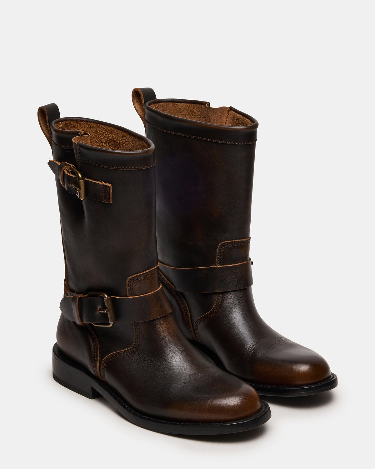 IRVING Black Distressed Buckle Moto Round-Toe Women's Boot | Steve Madden Hot Sale
