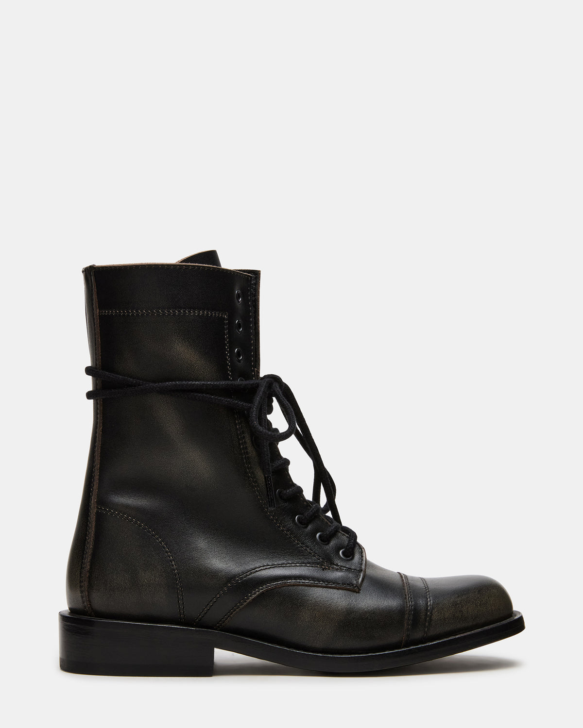THERON Black Distressed Moto Combat Women's Ankle Boot | Steve Madden Trusted