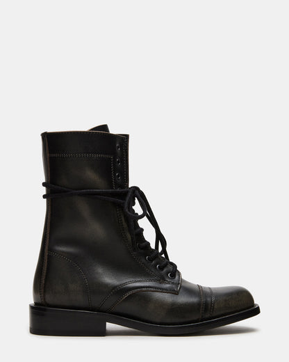 THERON Black Distressed Moto Combat Women's Ankle Boot | Steve Madden Trusted