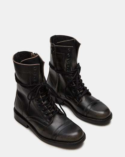 THERON Black Distressed Moto Combat Women's Ankle Boot | Steve Madden Trusted