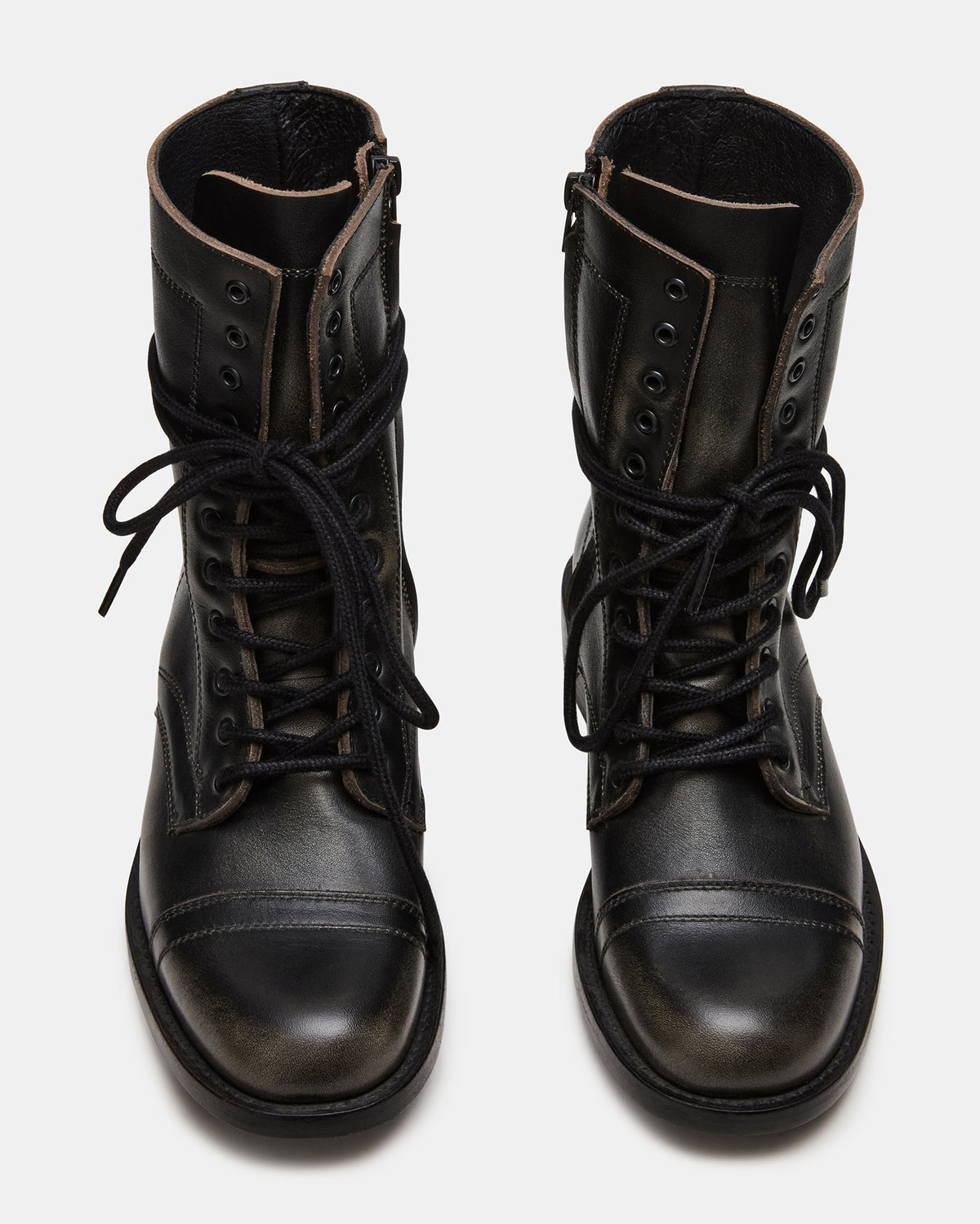 THERON Black Distressed Moto Combat Women's Ankle Boot | Steve Madden Trusted