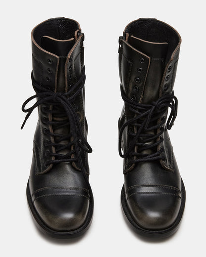 THERON Black Distressed Moto Combat Women's Ankle Boot | Steve Madden Trusted