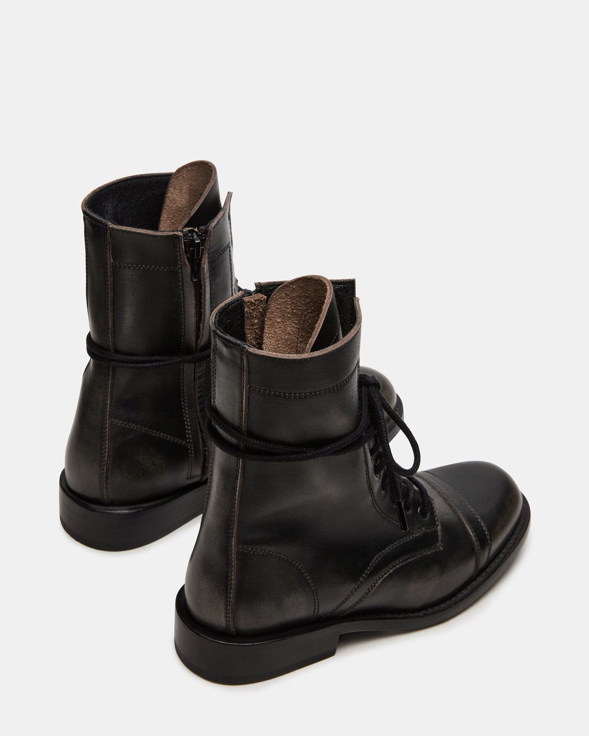 THERON Black Distressed Moto Combat Women's Ankle Boot | Steve Madden Trusted