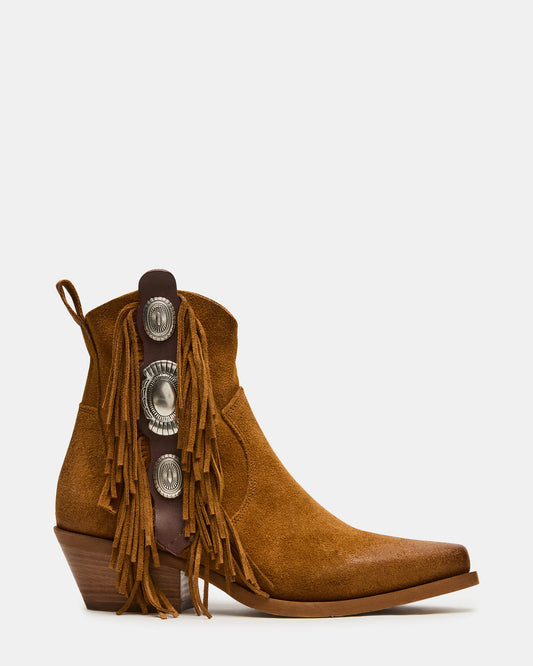 LARAMIE Chestnut Suede Fringe Western Pointed-Toe Women's Ankle Boot | Steve Madden Deals