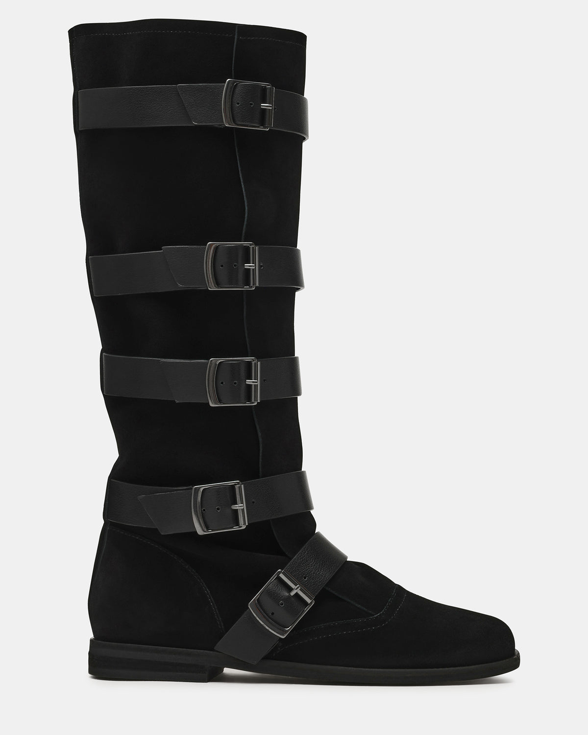 INDIO Black Suede Buckle Strap Knee-High Round-Toe Women's Boot | Steve Madden Top Pick