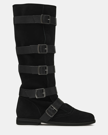 INDIO Black Suede Buckle Strap Knee-High Round-Toe Women's Boot | Steve Madden Top Pick