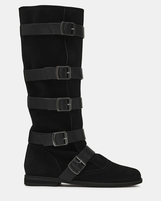 INDIO Black Suede Buckle Strap Knee-High Round-Toe Women's Boot | Steve Madden Top Pick