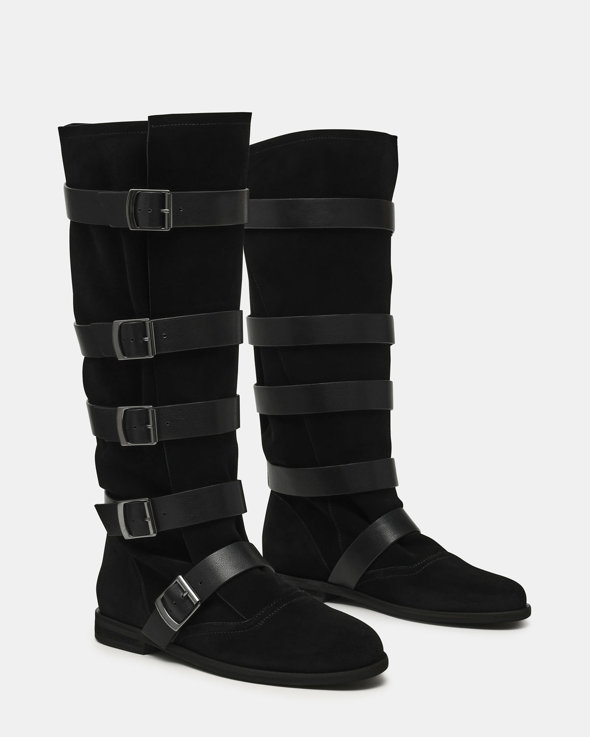INDIO Black Suede Buckle Strap Knee-High Round-Toe Women's Boot | Steve Madden Top Pick