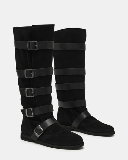 INDIO Black Suede Buckle Strap Knee-High Round-Toe Women's Boot | Steve Madden Top Pick