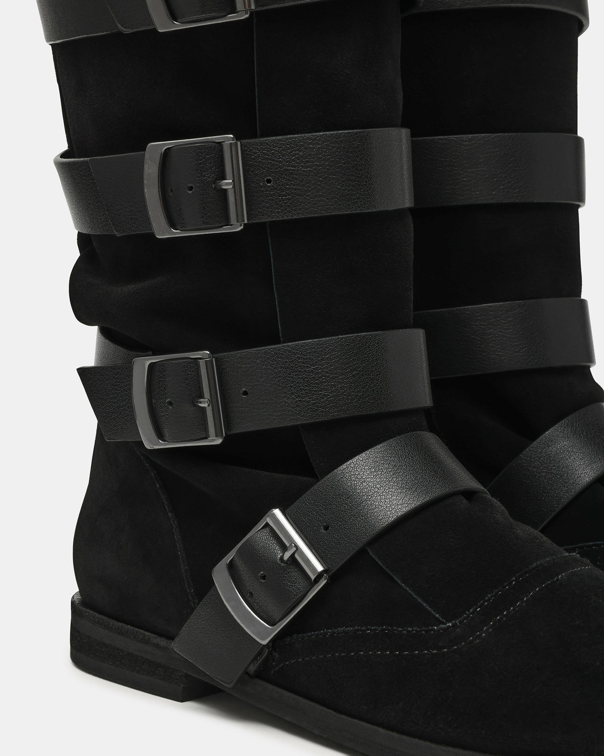 INDIO Black Suede Buckle Strap Knee-High Round-Toe Women's Boot | Steve Madden Top Pick