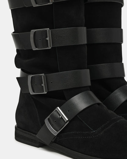 INDIO Black Suede Buckle Strap Knee-High Round-Toe Women's Boot | Steve Madden Top Pick