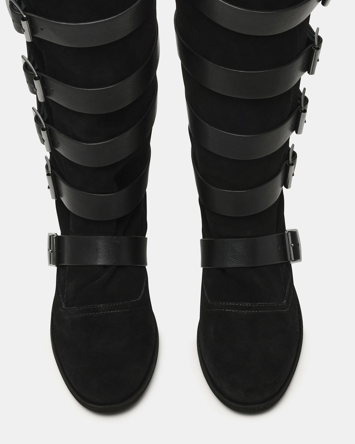 INDIO Black Suede Buckle Strap Knee-High Round-Toe Women's Boot | Steve Madden Top Pick