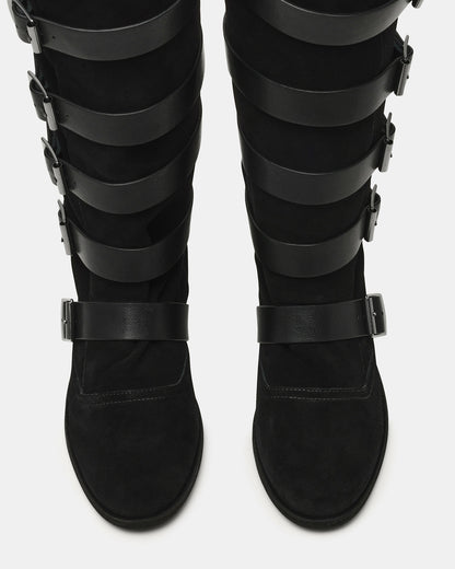 INDIO Black Suede Buckle Strap Knee-High Round-Toe Women's Boot | Steve Madden Top Pick