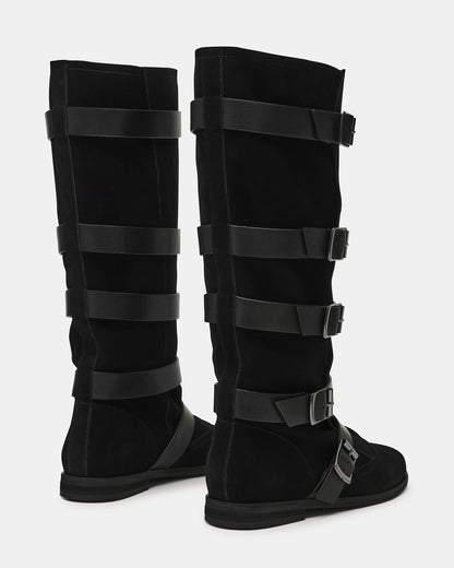 INDIO Black Suede Buckle Strap Knee-High Round-Toe Women's Boot | Steve Madden Top Pick