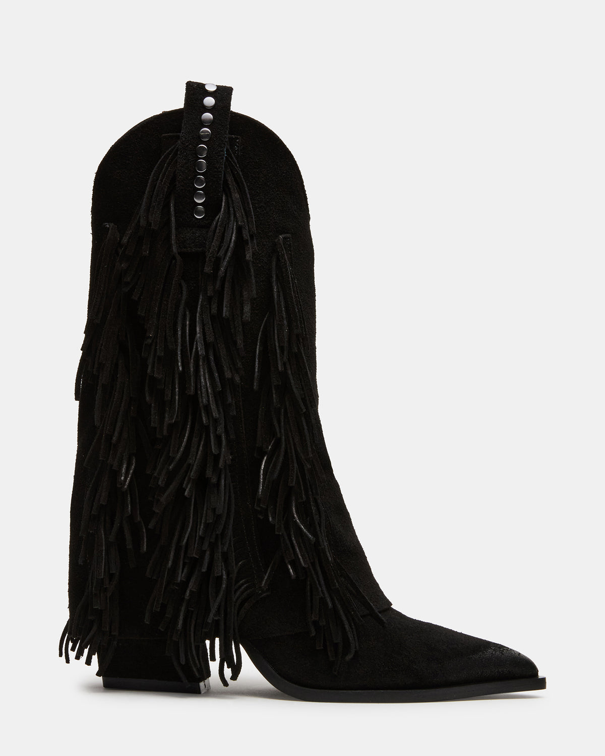 LANDMARK Black Suede Cuffed Fringe Western Women's Ankle Boot | Steve Madden New