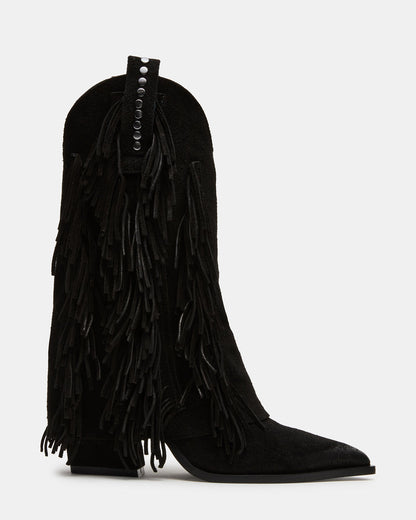 LANDMARK Black Suede Cuffed Fringe Western Women's Ankle Boot | Steve Madden New