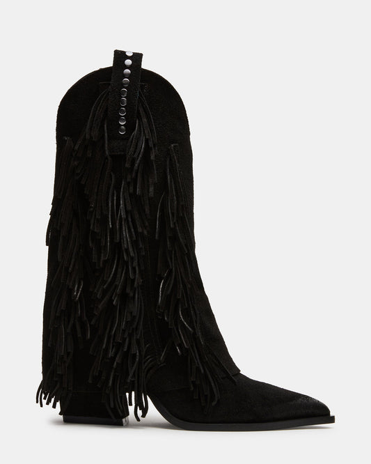 LANDMARK Black Suede Cuffed Fringe Western Women's Ankle Boot | Steve Madden New