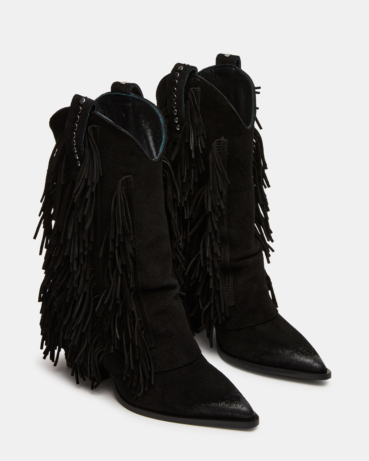 LANDMARK Black Suede Cuffed Fringe Western Women's Ankle Boot | Steve Madden New