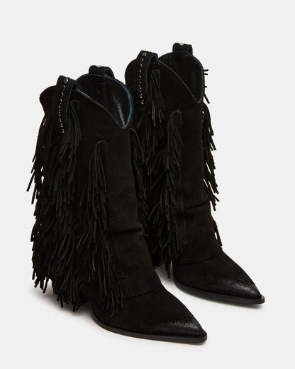 LANDMARK Black Suede Cuffed Fringe Western Women's Ankle Boot | Steve Madden New