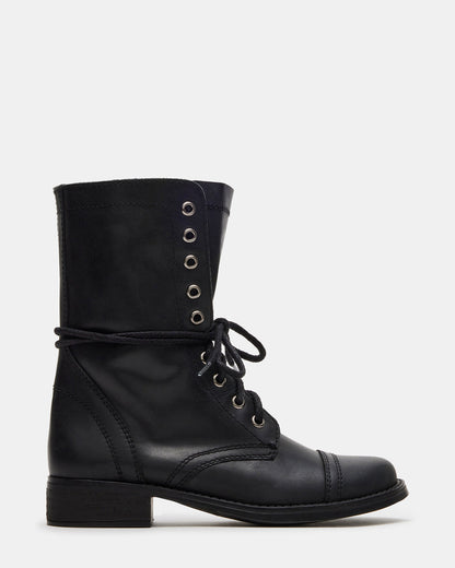 TROOPA3.0 Black Leather Women's Moto Combat Ankle Boot | Steve Madden Featured
