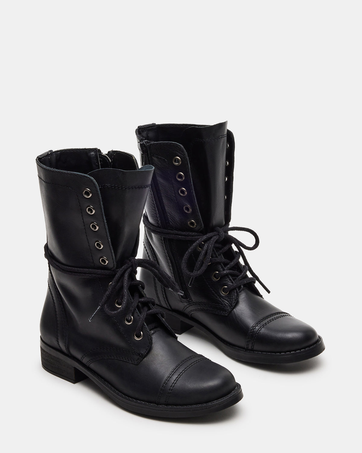 TROOPA3.0 Black Leather Women's Moto Combat Ankle Boot | Steve Madden Featured