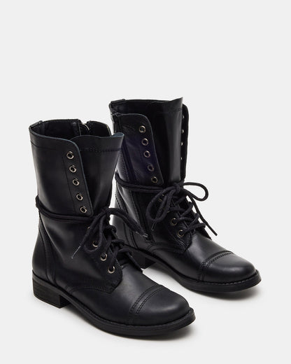 TROOPA3.0 Black Leather Women's Moto Combat Ankle Boot | Steve Madden Featured