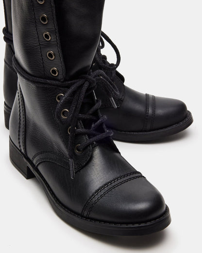 TROOPA3.0 Black Leather Women's Moto Combat Ankle Boot | Steve Madden Featured
