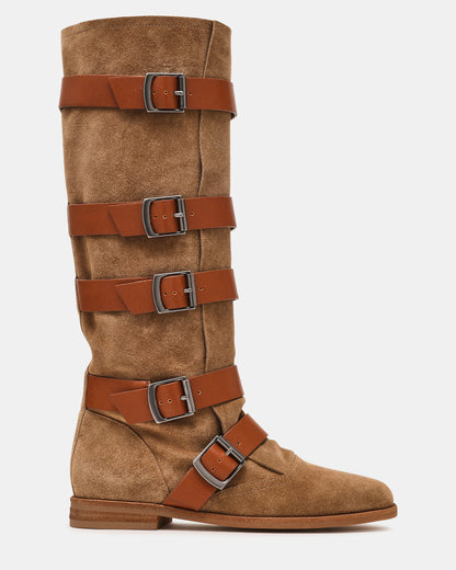 INDIO Tan Suede Buckle Strap Knee-High Round-Toe Women's Boot | Steve Madden Classic