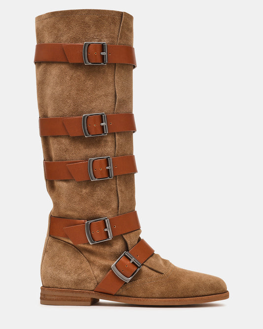 INDIO Tan Suede Buckle Strap Knee-High Round-Toe Women's Boot | Steve Madden Classic